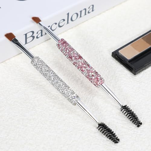 Duo Eyebrow Brush Angled Eye Brow Brush Eyebrow Spoolie Blings Rhinestone Makeup Brush 2 in 1 Brow and Liner Dual Brush Glitter Eyelash Brush Tool (Pink)