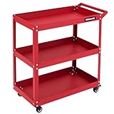 IRONMAX 3 Tier Utility Cart, Heavy Duty Steel Push Service Cart with Lockable 360 Degree Casters, 3 Shelf Tool Cart on Wheels for Garage Office Workshop Warehouse Kitchen (Red)