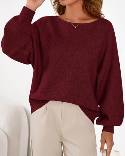 KIRUNDO Boat Neck Sweaters for Women Slouchy Oversized Knit Top,Burgundy,L - image 7