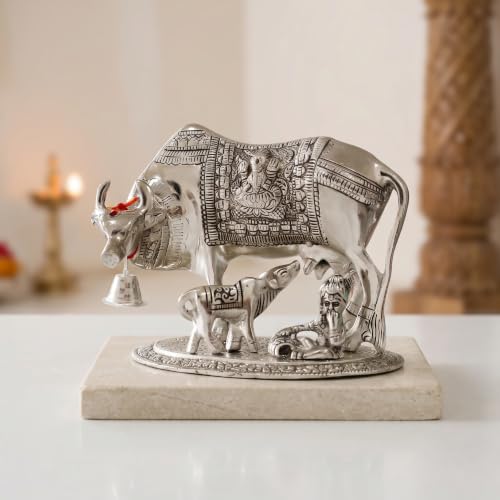 Image of KridayKraft Kamdhenu Cow & Calf with Bal Gopal Krishna Metal Statue Vastu Idol for Good Luck, Wealth & Prosperity, Feng Shui Showpiece for Home, Office & Housewarming Gift (Silver)