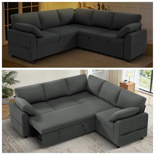 Image of 87 inch Fabric Sectional Sofa w /Pull Out Bed & Storage Space, Grey