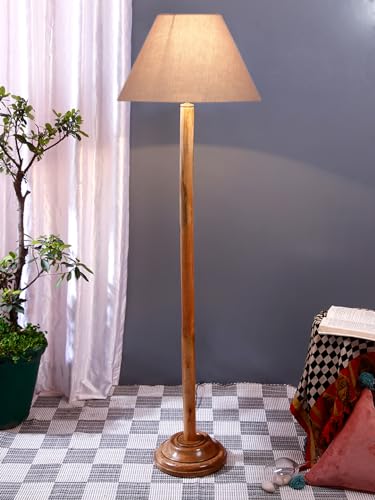 Image of Devansh Grey Cotton Conical Shade with Wood Floor lamp for Decoration /Office /Home /Gifting /Study .-(14x14x58.7 Inches)