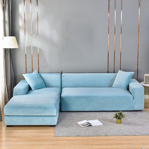 Funda de terciopelo suave y elástica para sofá de 1/2/3/4 plazas, lavable, para sala de estar, color azul cielo, se adapta a 145-185 cm