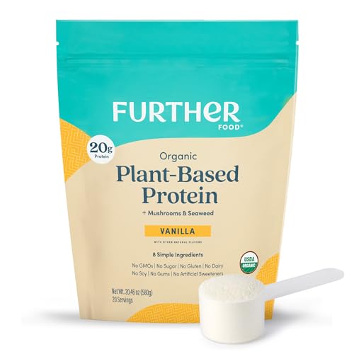 Further Food Organic Vegan Protein Powder Vanilla – 20g Pea Protein with Mushrooms & Seaweed, Non-GMO, Gluten Free, Sugar Free, 20.46 Oz