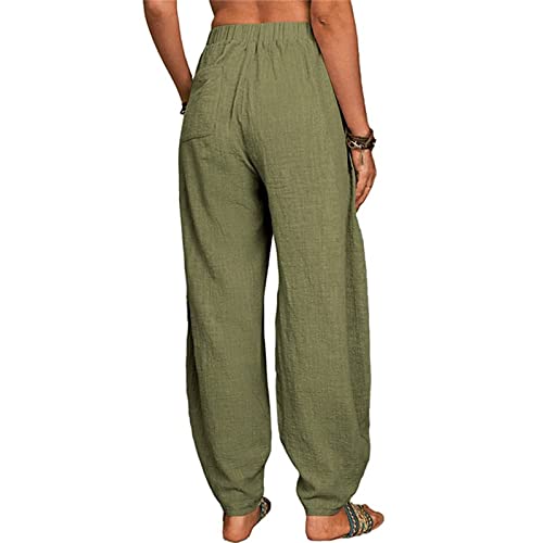 Calça reta feminina longa com cordão e cintura elástica, calça casual de treino para mulheres, Verde