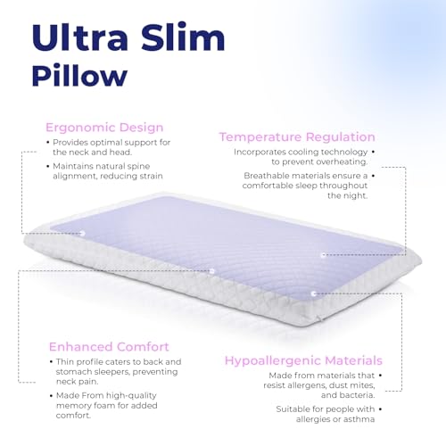 Image of RELAX COMPANY Ultra Slim Memory Foam Pillow | Thin Cervical Pillow for Neck Pain Relief and Support | Ultra Thin Orthopedic Pillow for Sleeping, Pack of 1 (White)