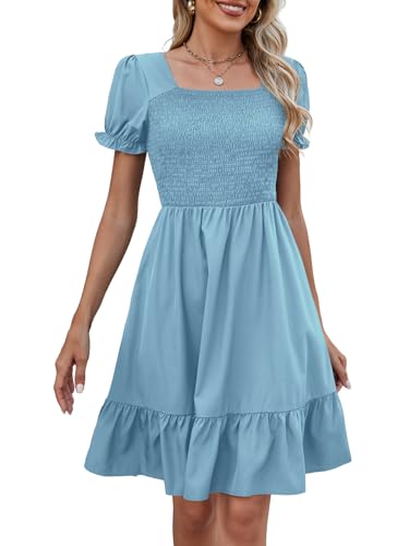 Lyrur Light Blue Dresses for Wedding Guest Summer Short Sleeve Lightweight Classy Baby Shower Dress with Pocket (L,7036 Light Blue)