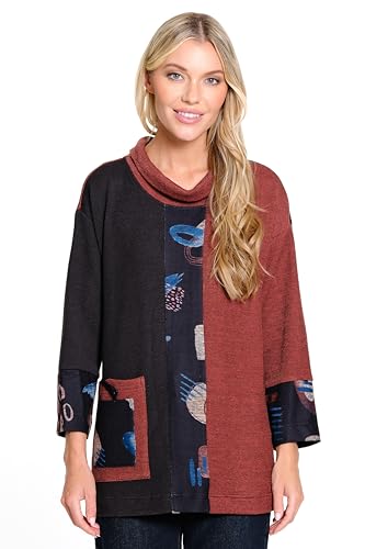 Ali Miles Women's Ribbon Textured Knit Cowl Neck Front Patch Pocket Side Seam Vents