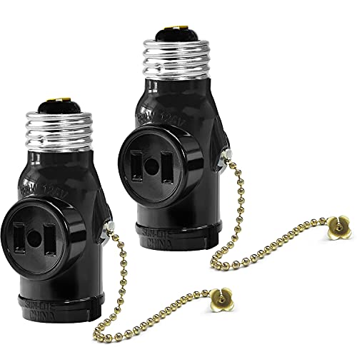 Onite 2pcs UL Listed E26 to 2 Outlet Socket Adapter, Light Holder Splitter, Light Socket to Plug Adapterï¼ŒPull Chain (5.11inch) Switch