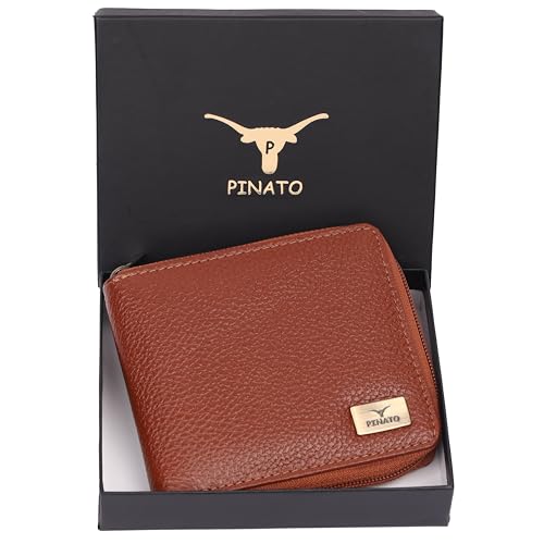 Pinato Handcrafted RFID Blocking Leather Wallet for Women - Zipper & Multi Card Holder, Slim Bifold Purse with Coin Pocket & Internal Storage Space, Premium Metallic Hardware, (Mustard)