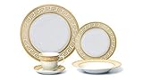 Euro Porcelain 20-pc Dinnerware Set w/ Gold Greek Key Pattern 24K Ornament, HQ Dining Service for 4