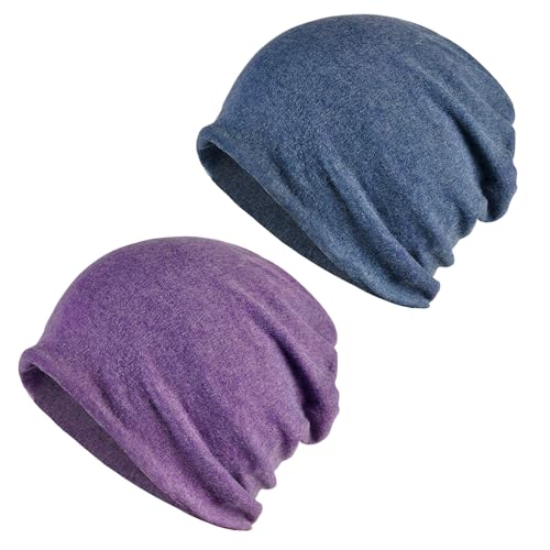 2 Cappelli Senza Tesa a Doppio Strato, Cappelli Caldi per Autunno e Inverno, Berretti Unisex Elastici alla Moda, Accessori Versatili, Adatti per Sport, Lavoro, Viaggi e Cura (Blu, Viola), Viola, Blu