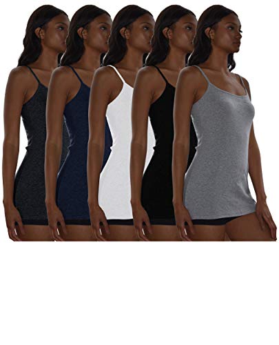 Sexy Basics Women's 5 Pack / 12 Pack Basic Solid Color Cotton Stretch Camisole Adjustable Spaghetti Strap Tank Top (5 Pack- Black/White/Grey/Navy/Charcoal, X-Large)