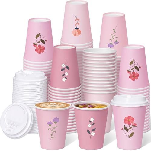 Yungyan 60 Pcs 12 oz Pink Disposable Coffee Cups with Lids Floral Paper Coffee Cups for Hot Drinks, Cute Aesthetic for Bridal Shower, Tea Party, Women & Girls