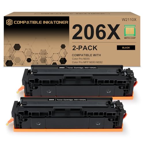Image of 206X Black Toner Cartridge 2-Pack Compatible for HP 206A 206X MFP M283cdw | Replacement for HP Color Pro MFP M283fdw M283cdw M282nw M255dw M255nw M283 M255 Printer W2110A W2110X 206A 206X With Chip
