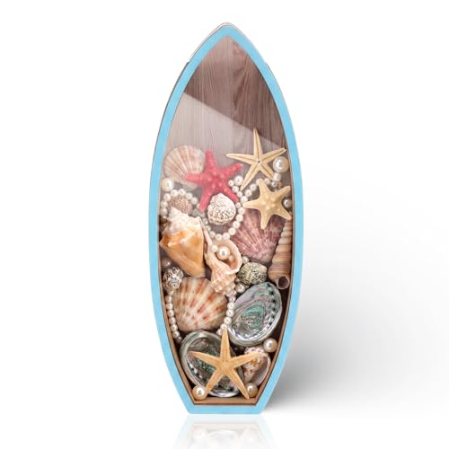 Novabright Coastal Decor Display Box Wooden Surfboard Holder with Clear Window Shell Box Shark Teeth Collection for Seashells Sea Glass Beach Treasures Home Coastal Decor & Keepsake Gift