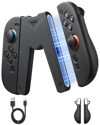 JEMDO Ergonomic JoyCon Charging Grip for Nintendo Switch 2 Only, Magnetic Charger with USB-C Cable &amp; LED Indicator, Comfortable Textured Anti-Slip Grip, Reinforced Back Support Cover, Travel-Ready, Black