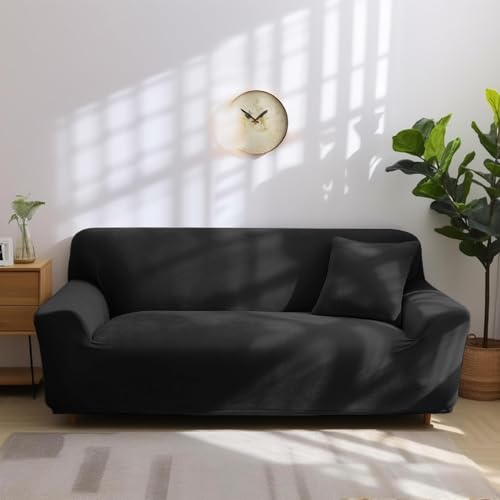 NAKIHOUSE Samt Sofabezug Waschbar Sofaüberwurfe mit einem Kissenbezug, Superweicher Elastische Sofa Abdeckung in Schwarz Farbe für 1/2/3/4 Sitzer(L-förmiges Ecksofa erfordert Zwei)