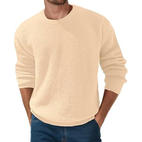QIXING Men's Crew Neck Jumper Textured Fishermens Long Sleeve Casual Knitted Warm Winter Sweater Cover