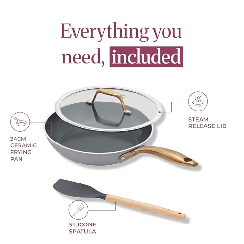 Image of Asai Ceramic Pan for Cooking 24cm Swiss Non-Stick Frying Pan with Lid | Grey | Lab-Tested | 100% Toxin Free | No PFAS, PFOA, PTFE | Superior Swiss Ceramic | Induction Safe │ ISI & FDA Approved