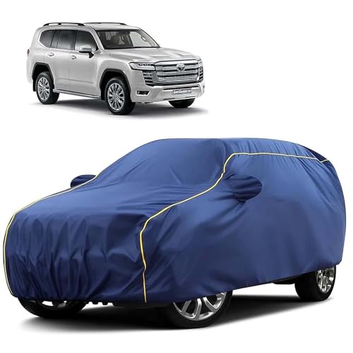 Image of Sulfar 100% Water Resistant Car Body Cover Compatible with Mirror for Toyota Land Cruiser 300 (Triple Stitched, Full Bottom Elastic, Blue Tafetta with Yellow Piping)