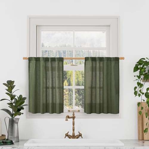 LAMIT Olive Green Linen Kitchen Curtains 24 Inch Length, Semi Sheer Light Filtering Window Panels Back Tab and Rod Pocket Drapes for Basement/Small Windows, 25 x 24 Inch, 2 Panels