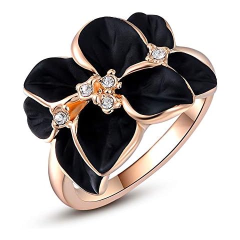 ACEFEEL Rose Gold Plated AAA Zircon Crystal Luxurious Black Enamel Flower Design Cocktail Ring Size 5.5 Cover