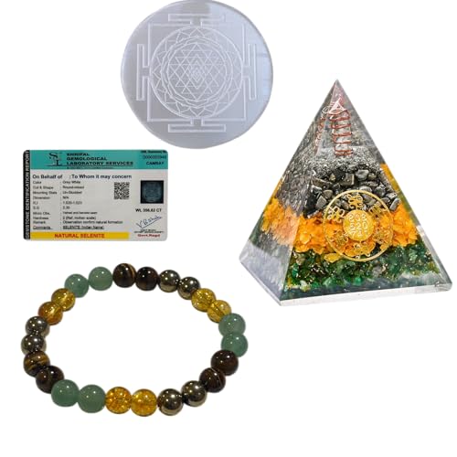 Image of inchOriginal Pyrite Stone with Natural Selenite Charging Plate | Lab Certified Crystal Set for Wealth, Business Luck, Reiki Healing & Vastu Energy inch (SEL+MONEY MAGNET bRACELET+ PYRAMID)