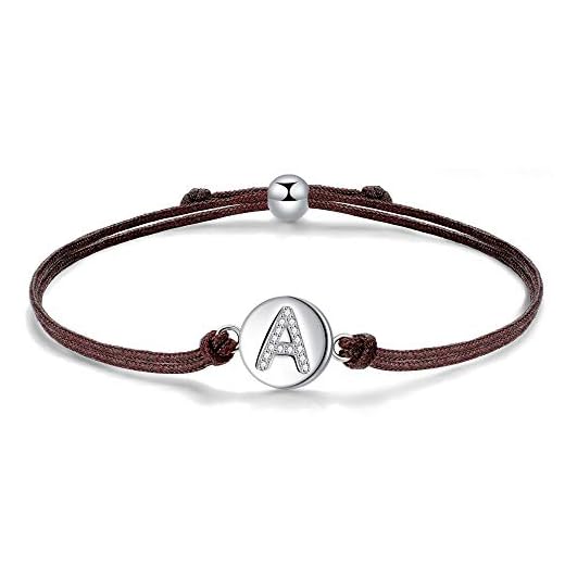 J.Endéar Initials Letra A Pulsera para Mujer, Plata de Ley 925 Pulsera para Niñas, Hilo Marrón Pulsera Ajustable para Adolescentes, Regalos de Cumpleaños Hechos A Mano Joyería de Navidad