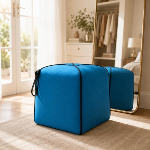 Image of FURNY Signature Regalia Suri Accent Pouf | Boston Fabric | 40D High-Density Foam | (Ocean Blue) | Footrest, Vanity Ottoman & Accent Seat for Home, Office & Hotel
