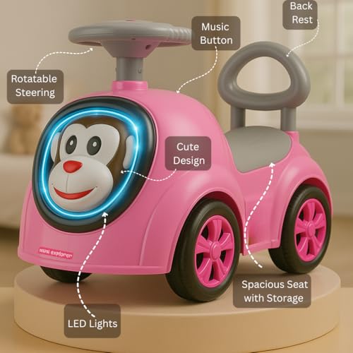Image of MiniExplorer Monkey Ride-On Toy Car for Kids | Push Ride Car with Music, Horn, Backrest, Safety Guard, Under Seat Storage & Big Wheels | Baby Ride-On for 1-3 Years Boys & Girls - Pink