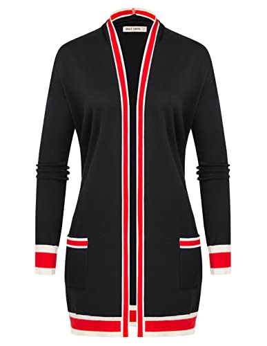 Checkered Cardigan For Women Contrast Knit Cardigan Sweater With Pockets(Contrst Black Red,S) #TOP1