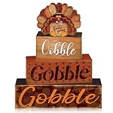 4 Pcs Thanksgiving Decor for Home Cute Turkey Wooden Signs with Sayings Thanksgiving Fall Tiered Tray Decor Turkey Tabletop Centerpiece Gobble Block Signs for Office Kitchen Shelf