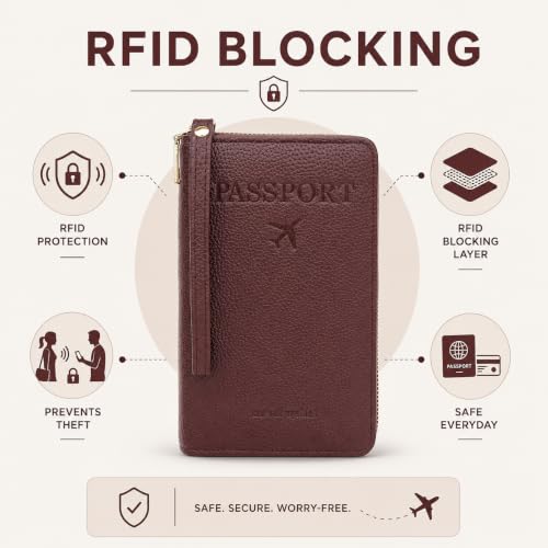 Image of Mensch Faux Leather Travel Passport Holder, RFID Blocking Premium Travel Document Organiser with Secure Zipper Closure Passport Cover & Travel Accessories for Men & Women (D.Brown)
