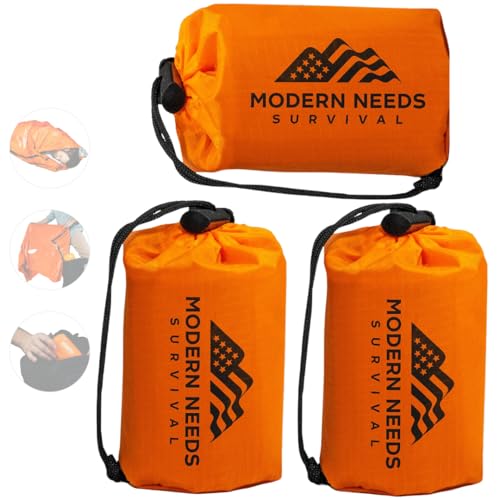 MODERN NEEDS Emergency Sleeping Bag – Thermal Blanket & Bivy Sack | Waterproof, Windproof, Tear-Resistant Shelter Emergency Blanket for Outdoor Use | 3 Pack