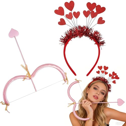 EduPlayte 3 Stück Set Amor Kostüm Damen Amor Bogen Pfeil Herz Haarband Cupid Bow Valentine Karneval Kostüm Prop Partyzubehör Party Faschingsparty Weihnachten Geschenk (Rosa)