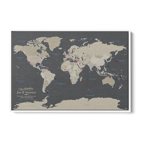 Image of Earth Tone World Map with Pins - Personalized Canvas Push Pin Map - Framed World Travel Wall Decor - White Float Frame - 30 inch x 45 inch