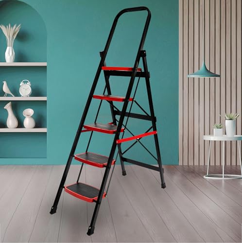 Zolmix® Premium Ladder for Home| 5 Step Stairs for Home Use| Foldable Step Ladder, Firm Grip, Wide Anti Skid Steps | Steel Sidi Non-Slip Handgrip| Durable Ladder 5 Years Warranty (Red- 5 Step)