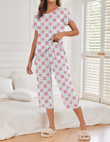 Image of Ekouaer 2 Pack Womens Pajamas Sets Short Sleeve Tops and Capri Pants Pjs Colorful Printed Sleepwear Sets