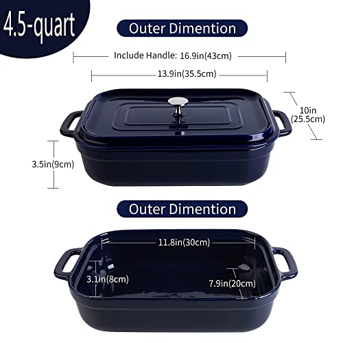 16.9X10 Inch,4.5 Quart， Ceramic Casserole Dish With Lid, Large Bakeware,Covered Rectangular Set, Lasagna Pan Pans For Cooking, Baking Dish With Lid For Dinner, Kitchen Blue Deep Oven Extra Dishes Serving Loaf Toast Toasted Breads Stoneware 9X13X5 Safe 4 Inch #TOP5