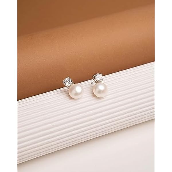 Pendientes de mujer de perlas cultivadas de agua dulce con circonita SECRET & YOU. Diseño Tú y Yo - Pendientes de Plata de Ley Rodiada de 925 milésimas con tuerca grande.