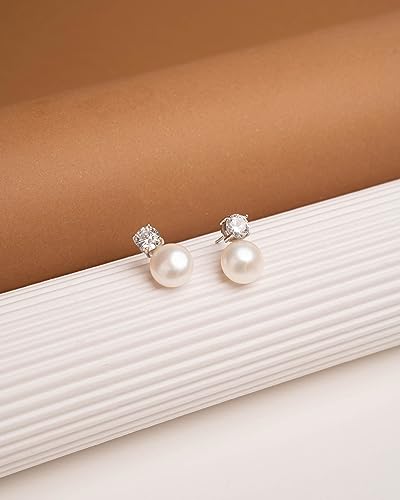 Women Pearl Stud Earrings, Fresh Water Cultured Pearls Button Shape with a Zirconia Stone Secret & You | Sterling Silver 925 Rhodium Plated with big backs or Omega.3