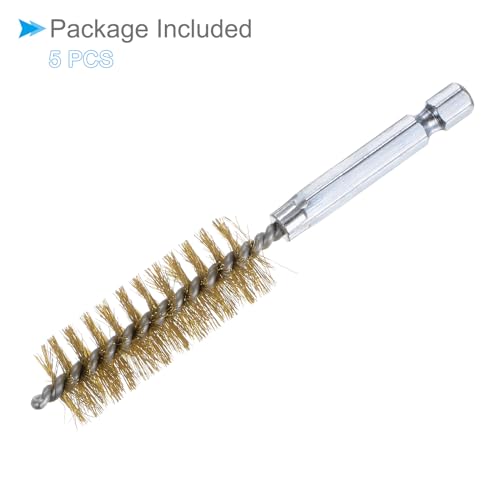 Image of Bore Brush, 17mm Dia 4 Inch Length, Brass Cleaning Wire Brushes with 1 /4 Inch Hex Shank - (Applications: for Power Drill, Die Grinder), 5-Pieces