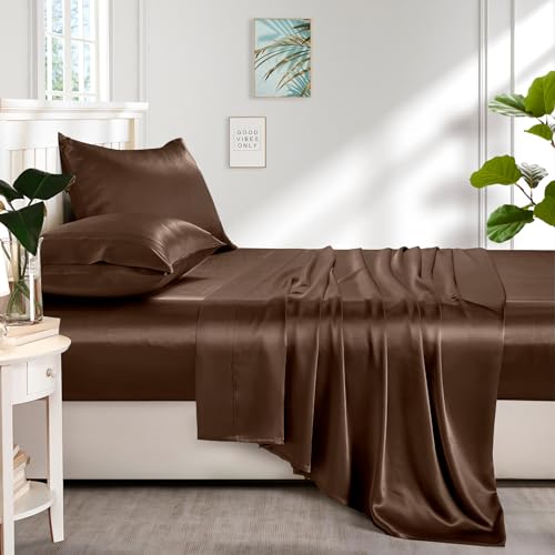 Image of Lanest Housing Silk Satin Sheets, Twin XL Size Satin Bed Sheet Set with Deep Pockets, Cooling Soft and Hypoallergenic Satin Sheets Twin XL - Brown