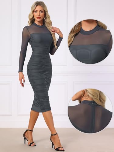 Image of Allegra K Mesh Dress for Women Long Sleeve Mock Neck Ruched Bodycon Dresses