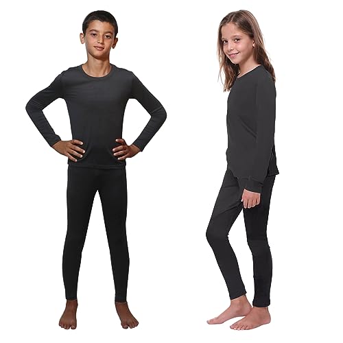 Kids Thermal Underwear Skins Set Long Sleeve Top Vest and Long Johns Leggings, Boys Girls Base Layer, Football, Sports, Ski Black