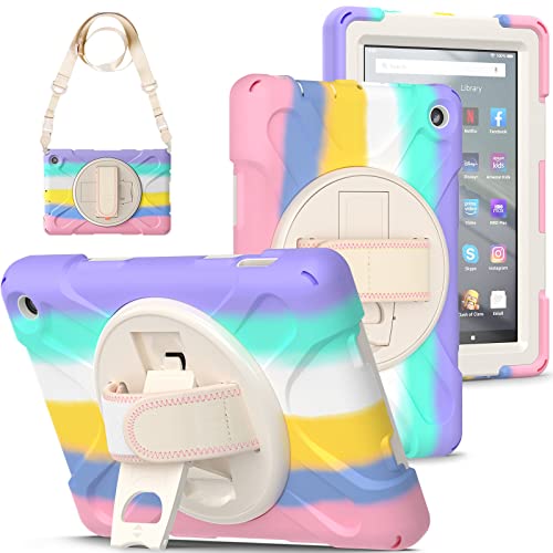 360 Rotatable case for Fire7 2022 (12th Generation 7 '' ),Detachable Shoulder Strap/Hand Strap/Rotating Kickstand Shockproof dustproof Sturdy Protective case (Fire7 2022, Rainbow Pink)