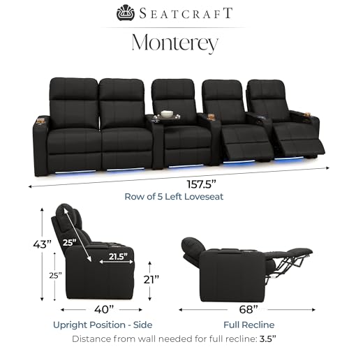 Image of Seatcraft Monterey Home Theater Seating Black Row of 5 Left Loveseat | Italian Leather, Wall Hugger, Zero Gravity, Powered Headrest, Power Recline, Zero Gap, USB charging