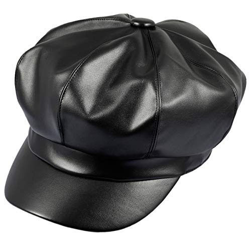 Moonsix Newsboy Hat,Plain Cabbie Visor Beret Gatsby Ivy Caps For Women,Black(Pu Leather Style 2) #TOP2