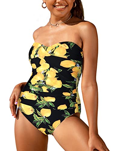Hilor Women's Strapless Bandeau One Piece Swimsuits Tummy Control Swimwear Ruched Bathing Suits Lemon 14 #TOP2